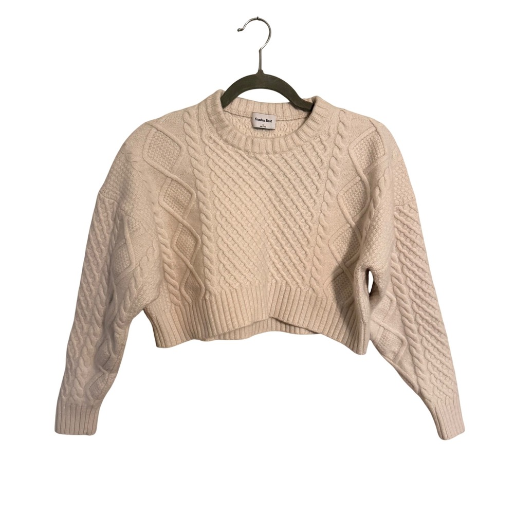 Sunday Best Aritzia Ivory Cable Knit Cropped Sweater Wool Blend Cream Small